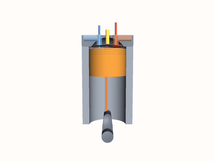 Animated 4-stroke engine rendered with jscad-mcp, sweeping through crank angles
